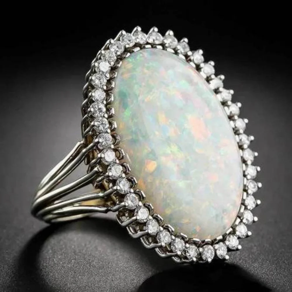 NEW Huge Opal Diamond Halo Silver Engagement Ring